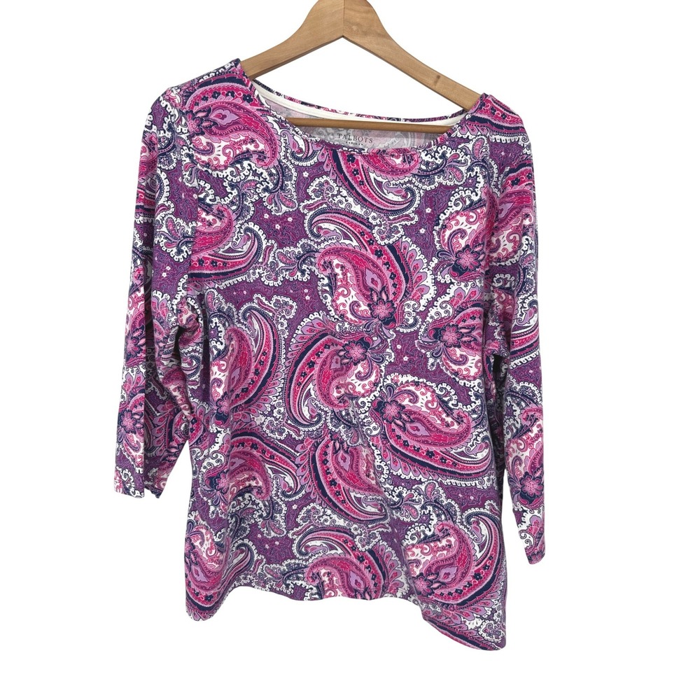 Talbots Top Women 2X Purple Paisley 3/4 Sleeve Cotton Blend Casual Comfort